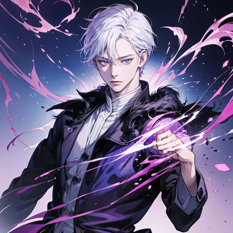 Satoru Gojo, Kyoshik Murasaki, Hollow Purple, Jujutsu Kaisen, handsome, white hair, blue eyes,  ultra HD, high quality, 32k, simple plain background, 8k, hd, dark fantasy