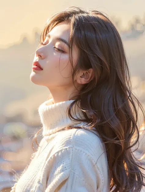 a serene young woman, peaceful expression, eyes closed, long dark hair, warm golden light, soft breeze, cozy white sweater, delicate features, warm glowing skin, soft pastel background, ethereal and calming ambiance, tranquil contemplation, beautiful detai...