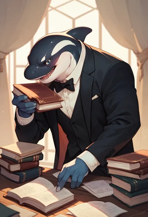 Orca fish in tuxedo and hold a book in his left hand