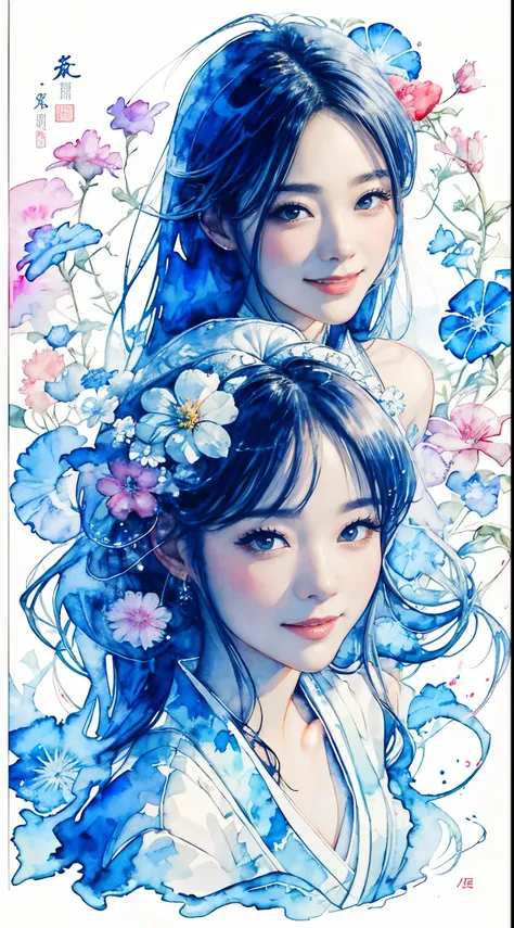 8K,​masterpiece,top-quality,Dynamic Pose,beautiful woman with long hair,Smile:1.6, Cultivated woman, beautiful japanese female, Gorgeous Japan Girl,Pretty actress, girl cute-fine-face, Female actress,slim,watercolor paitingium)