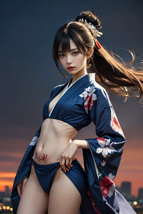 Beautiful girl,Japanese idol,(wearing cute kimono: 1.3),short length, (bangs: 1.2), (coloring),(kunoichi ninnjya fighter in fighting position),(tattoos all over body, 20% of body covered in Japanese tattoos: 1.4),masterpiece, perfect lighting, ultra high r...