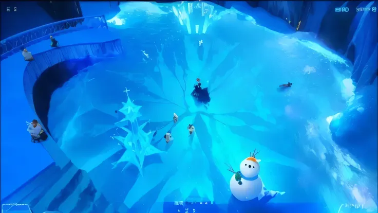 there is a snowman in a pool of water with a lot of people, video game screenshot>, in an icy cavern, screenshot from game, screenshot from the game, gameplay screenshot with ui, gameplay still, video game screenshot, gameplay footage, ultra wide gameplay ...