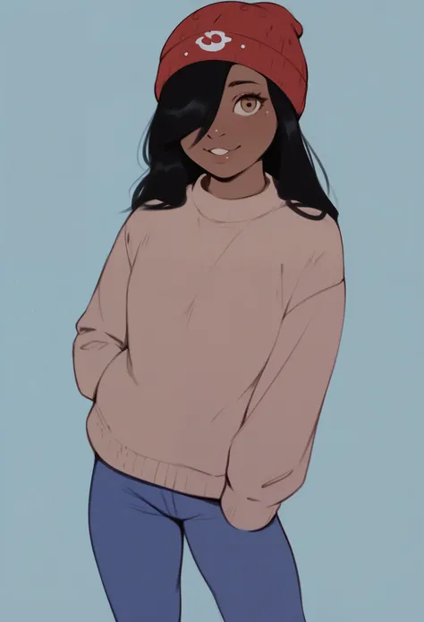 score_9, score_8_up, score_7_up, score_6_up, score_5_up, score_4_up,1girl, dull brown sweater, tan skin, standing, long black hair, hair over one eye, blue pants, hazel eyes, red beanie, looking at viewer, classroom background, realistic anatomy, high reso...