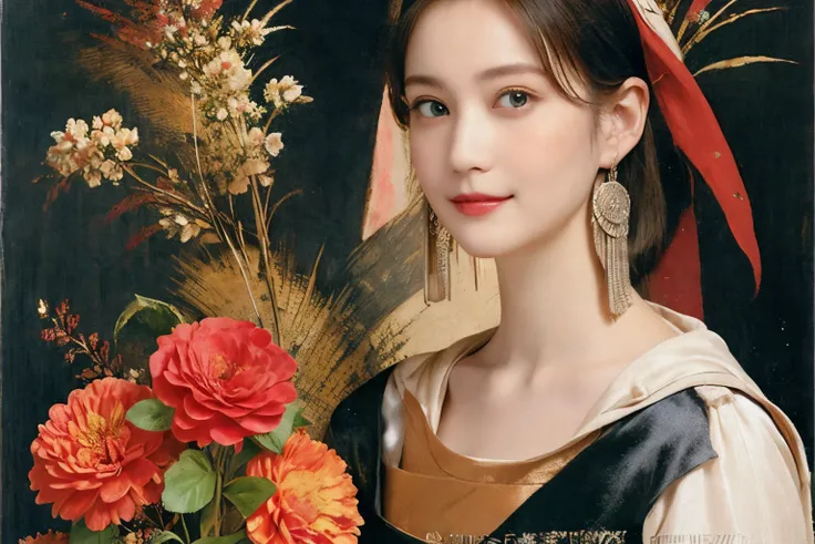 290 (20-year-old woman,Short Hair) , (A kind smile) , (palace), (colorful), (Leonardo da Vinci paintings), flower, Mechanical Engineering Background