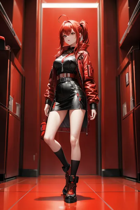 One girl, (Red Theme:1.4), Red Hair, Red background, 
Cyberpunk, Detailed Background, Emergency bell, base,
(Full body shot:1.4),