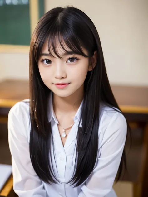 (Best-quality, Masterpiece, Ultra-High-Resolution, (Photorealistic:1.4), Raw Photo, depth of field, professional lighting, perfect anatomy, extremely details), 
1girl, 15-years-old, the most famous Japanese idol, 
looking at viewer, innocent smile, 
(((wea...