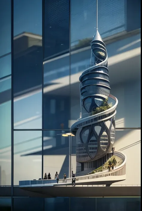 realistic image of skyscraper, people on balconies, by Norman Foster and Zaha Hadid, roads, people, neat, bright day