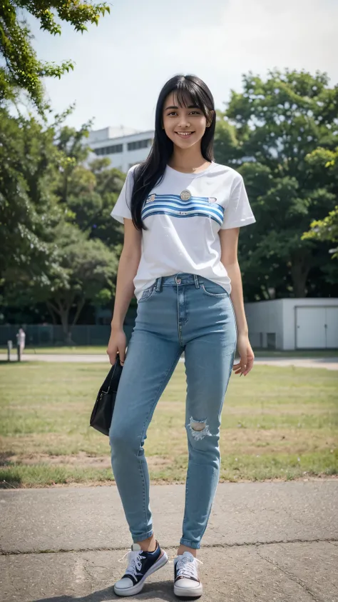 A girl is standing 、Full body photo、White striped t-shirt, Blue skinny jeans, Black Hair,、耳にピアス、 , smile, with sneaker, University

