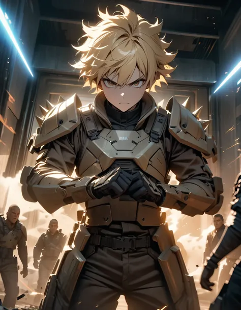 Masterpiece, best quality, high resolution, 8k, 4k, detailed, solo, solo focus, blonde hair, short hair, spiky hair, brown eyes, psychotic look, male mercenary, futuristic light armor, cowboy shot, cinematic lightning, bank entrance, dynamic battle stance,...