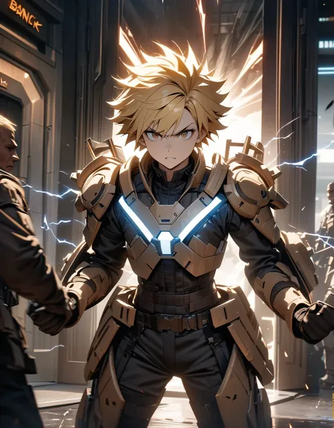 Masterpiece, best quality, high resolution, 8k, 4k, detailed, solo, solo focus, blonde hair, short hair, spiky hair, brown eyes, psychotic look, male mercenary, futuristic light armor, cowboy shot, cinematic lightning, bank entrance, dynamic battle stance,...