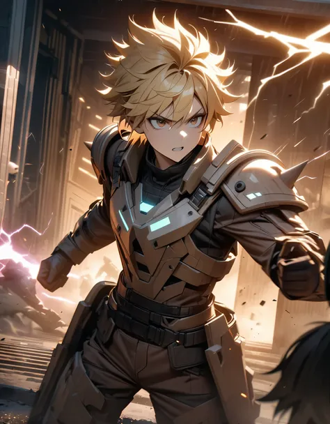 Masterpiece, best quality, high resolution, 8k, 4k, detailed, solo, solo focus, blonde hair, short hair, spiky hair, brown eyes, psychotic look, male mercenary, futuristic light armor, cowboy shot, cinematic lightning, bank entrance, dynamic battle stance,...