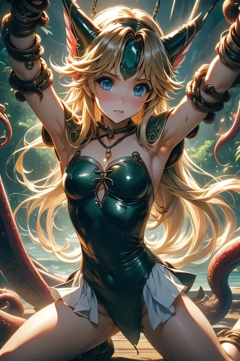 （（（ＳＦＷ、sound、Highest quality、first-clasasterpiece、Normal body、8k、Detailed face、Ultra-precision、Normal hand、Normal finger、５finger、Highest）））、Secret of Mana 3、lease、Blonde、Long Hair、Straight Hair、Hair ribbon、Torn Green Leotard、Torn slit skirt、defeat、Constrai...