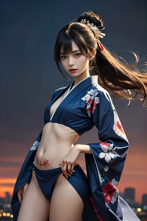 Beautiful girl,Japanese idol,(wearing cute kimono: 1.3),short length, (bangs: 1.2), (coloring),(kunoichi ninnjya fighter in fighting position),(tattoos all over body, 20% of body covered in Japanese tattoos: 1.4),masterpiece, perfect lighting, ultra high r...