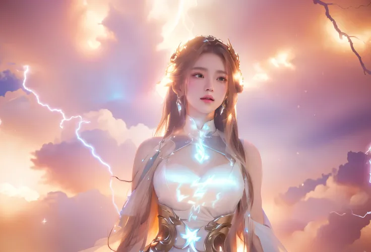 there is a woman in a white dress standing in the rain, light brown hair, goddess of lightning, fantasy art style, full body xianxia, xianxia fantasy, by Yang J, xianxia, epic fantasy art style, epic fantasy digital art style, epic fantasy art style hd, by...