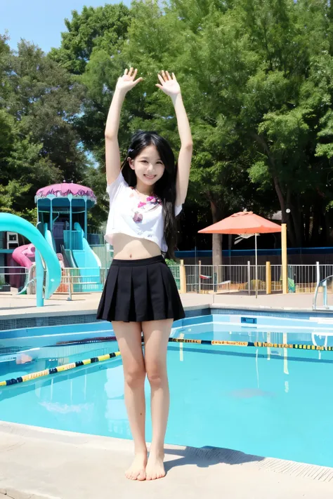 Standing by the pool at an empty amusement park、mini skirt、Long black hair、Cute face、Smiling、barefoot、Full body portrait