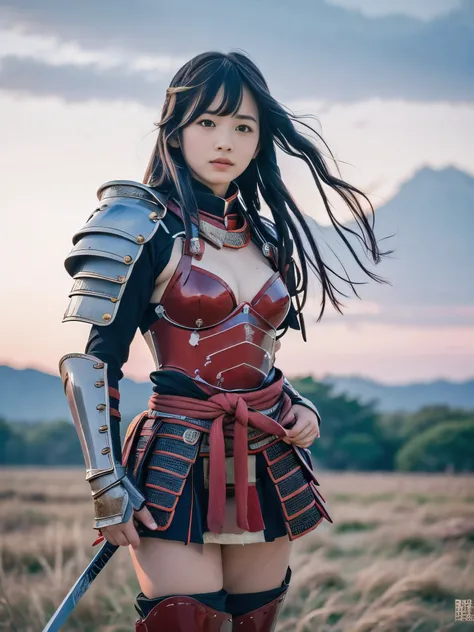 (Close up portrait of one slender small breasts two side up black medium hair with bangs girl in an red colored armor warrior as samurai in Japan:1.5)、(One girl is point of a white-bladed sword on the grassland in Japan with small smile:1.3)、(Beautiful red...