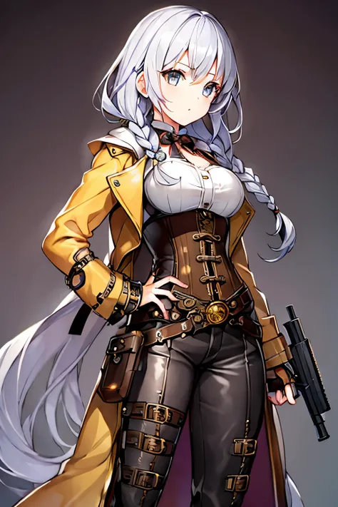 1 girl、((Steampunk))、Silver Hair、Braids、Yellow jacket、corset、Long trousers、Shoot a gun