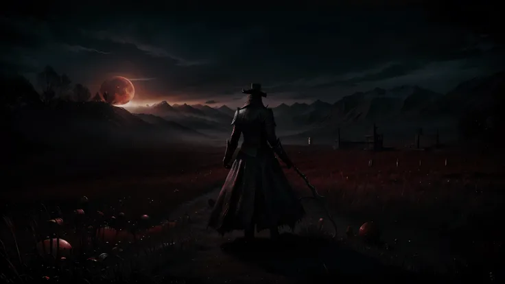 Bloodborne Theme with a red blood moon (best quality,4k,8k,highres,masterpiece:1.2),ultra-detailed,(realistic,photorealistic,photo-realistic:1.37),dark fantasy,cinematic,dramatic lighting,moody,dark colors,red moon