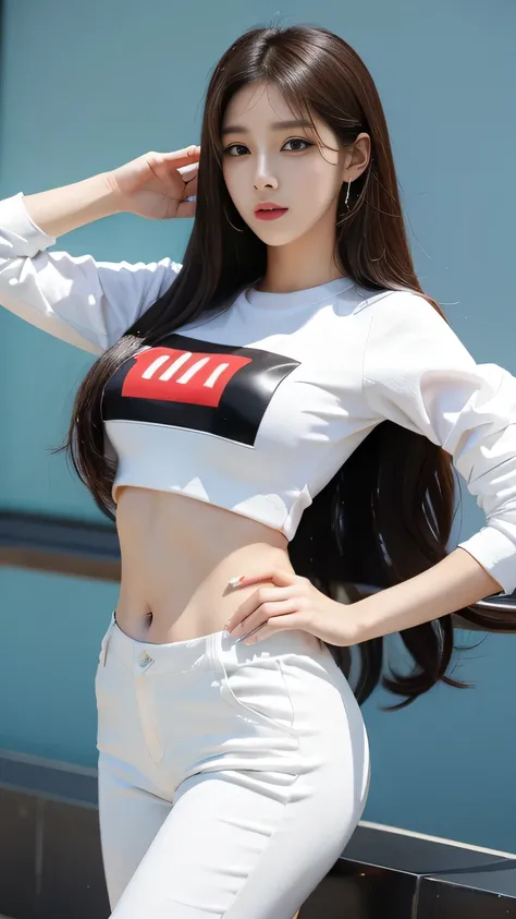 Beautiful K-pop girl with long curly black-brown hair and a fitted shiny white K-pop outfit.