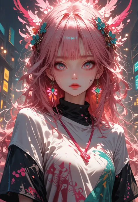 score_9, score_8_up,score_7_up, masterpiece, best quality, perfect anatomy, very aesthetic, official art, 8k,"Digital illustration of a girl with long hair., illuminated by a pink neon glow. The girl has a serene expression on her face, She is wearing a bl...