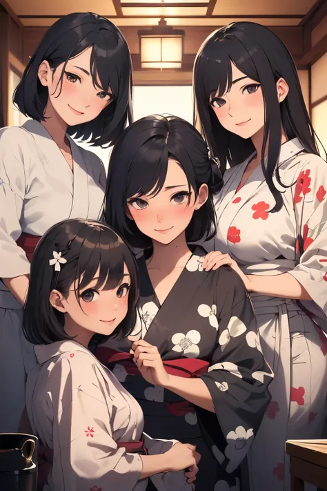 ((Best Quality)), ((masterpiece)), (detailed), ((three beautiful mature females)), black eyes, ((different hair color)), ((different hair length)),  ((different body size)), on sofa, open eyes, front view, traditional Japanese inn, embarrassed, ((smile at ...