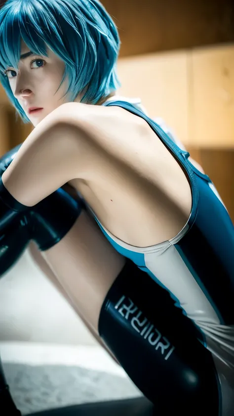 EvangelionCosplayer,Teenage Girl,Rei Ayanami,(ayanami rei:1.2),Blue Hair,Short Hair,(Red eyes:1.3),Latex bodysuit, headgear,Wrinkle-free, perfect-fitting plug suit,White Bodysuit,Realistic and photo-realistic 8K photos,The contrast between darkness and lig...