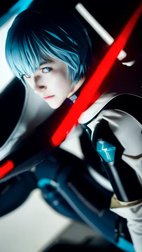 EvangelionCosplayer,Teenage Girl,Rei Ayanami,(ayanami rei:1.2),Blue Hair,Short Hair,(Red eyes:1.3),Latex bodysuit, headgear,Wrinkle-free, perfect-fitting plug suit,White Bodysuit,Realistic and photo-realistic 8K photos,The contrast between darkness and lig...