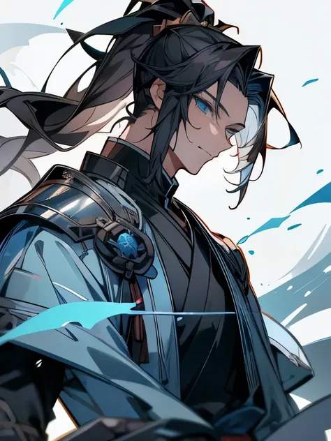 Mature adult man ((masculine and youthful face)) army general, blue eyes, black hair tied in a ponytail, blue armor, sword of the sea god Susanoo, manhua style