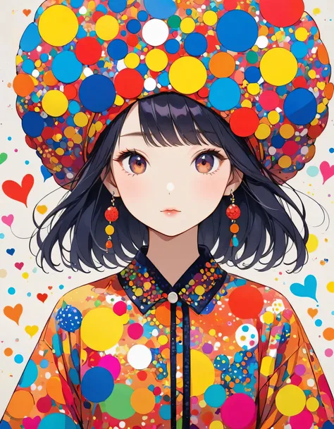 Yayoi Kusama style, Simple Line Initialism，Abstract art，Urban Background, (((The most beautiful girl of all time))), colorful hearts, stylish design