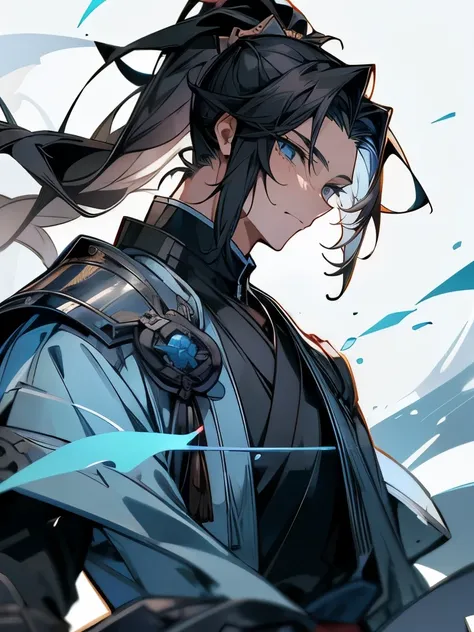 Mature adult man ((masculine and youthful face)) army general, blue eyes, black hair tied in a ponytail, blue armor, sword of the sea god Susanoo, manhua style
