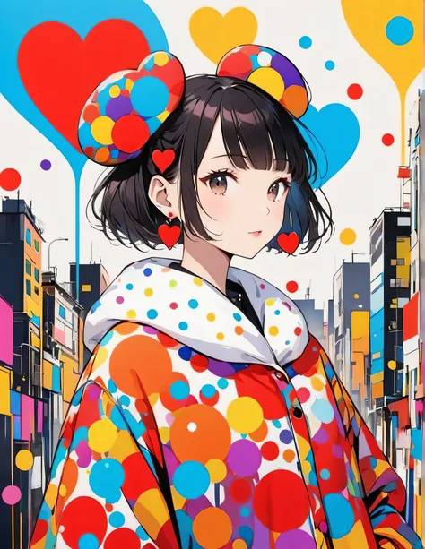 Yayoi Kusama style, Simple Line Initialism，Abstract art，Urban Background, (((The most beautiful girl of all time))), colorful hearts, stylish design