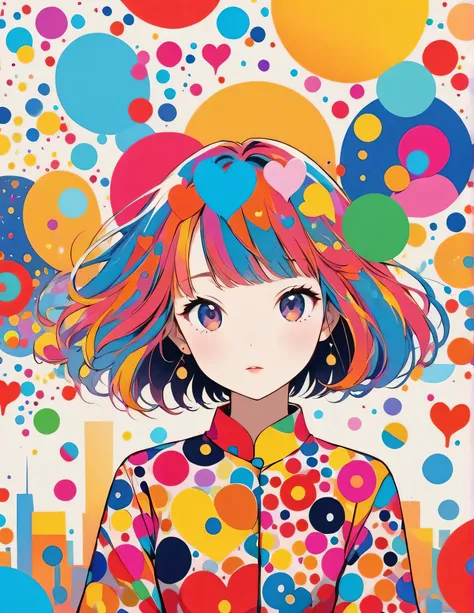 Yayoi Kusama style, Simple Line Initialism，Abstract art，Urban Background, (((The most beautiful girl of all time))), colorful hearts, stylish design