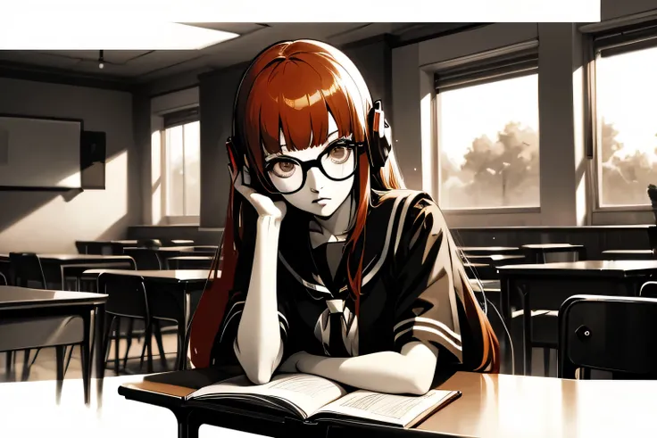 solo, long hair with blunt bangs, glasses and headphones, dsfutaba, primary colour is red, closeup, sitting on a table, classroo...