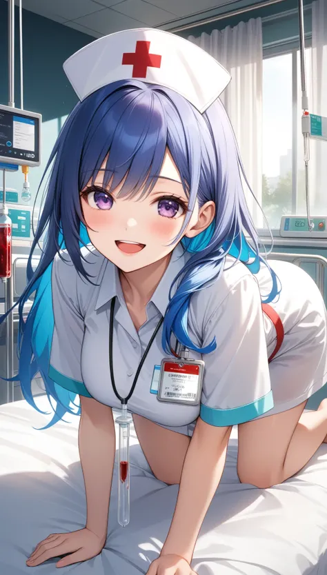 1girl, solo, long hair, looking at viewer, blush, smile, open mouth, large breasts, hat, blue hair, purple eyes, multicolored hair, short sleeves, :d, barefoot, indoors, white dress, upper teeth only, white headwear, on bed, short dress, curtains, all four...