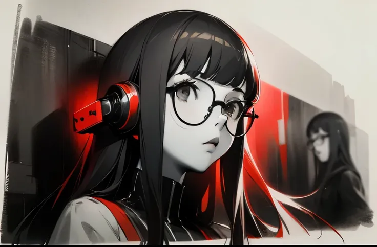 solo, long hair with blunt bangs, glasses and headphones, dsfutaba, primary colour is red, closeup, detailed, detailed, details,...