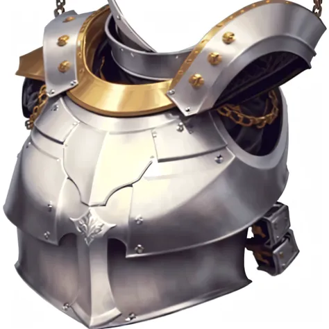 a close up of a helmet with a chain around it, chestplate, heavy chestplate armor, detailed white armor, heavy white and golden armor, shining plate armor, white plated armor, heavy plate armor, male plate armored chest, light leather armor, plate armored ...