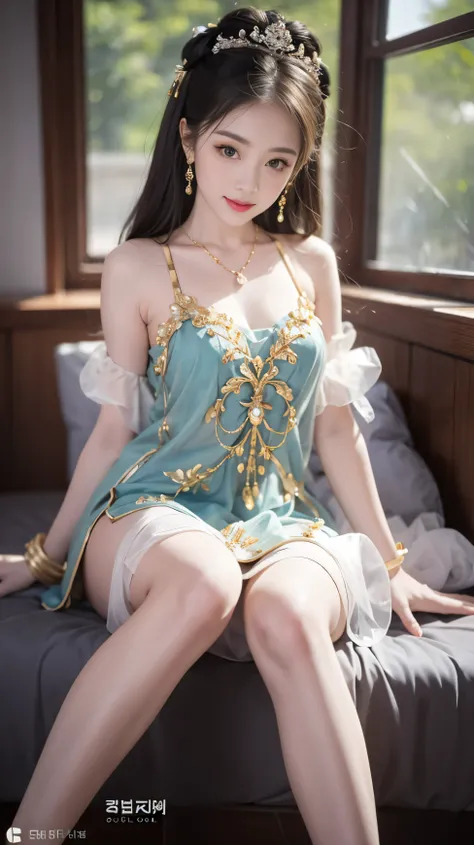 Sweet Girly Clothes 10,korean dress,, ((Knee Shooting)), arapefee, looking at camera, wear high heel shoes,Put on the crown,necklace,Smile,Shoot at random angles,beside a window, in the castle, transparency,(King size ,1.5),Exposing cleavage,Turn around an...