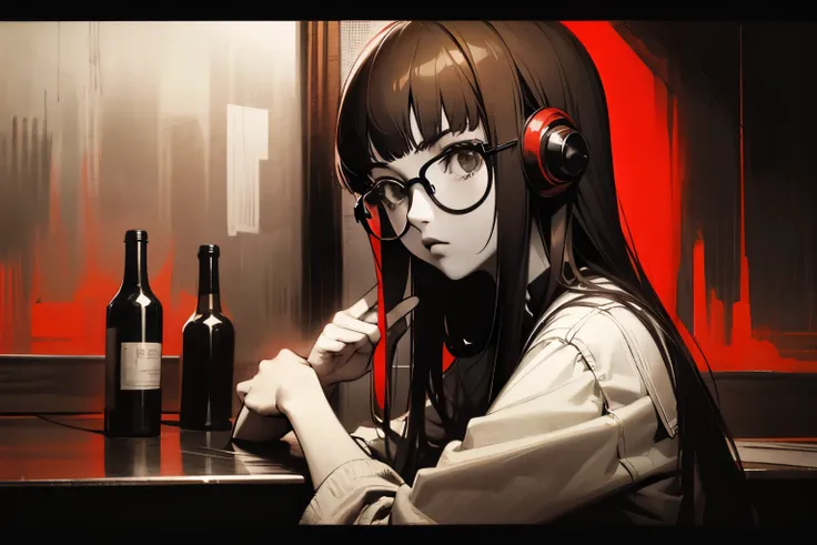 solo, long hair with blunt bangs, glasses and headphones, dsfutaba, primary colour is red, closeup, detailed, detailed, details,...