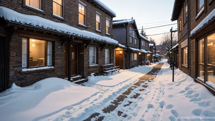 A quiet winter morning in a small, old town, where snow has blanketed the streets and rooftops. The narrow cobblestone paths are covered in fresh, powdery snow, which crunches gently underfoot. The air is crisp, cold, and still, with a sense of calm that p...