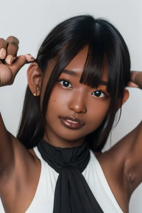 best quality, masterpiece, highres, (detailed:1.4), 1 girl, black hair, (((( dark skin:1.5 )))), extremally thin eyebrows , thick bluish eyeshadow, thick black eyeliner, Highlighted eyes with eyeliner, false eyelashes, (( arms up ))