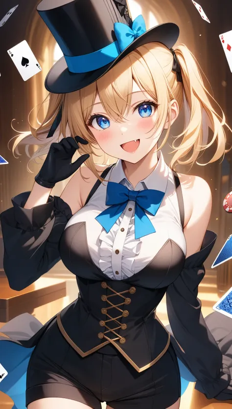 1girl, solo, breasts, looking at viewer, blush, smile, open mouth, blue eyes, blonde hair, long sleeves, hair between eyes, bare shoulders, white shirt, :d, cowboy shot, detached sleeves, sleeveless, black gloves, collared shirt, fang, hand up, two side up...