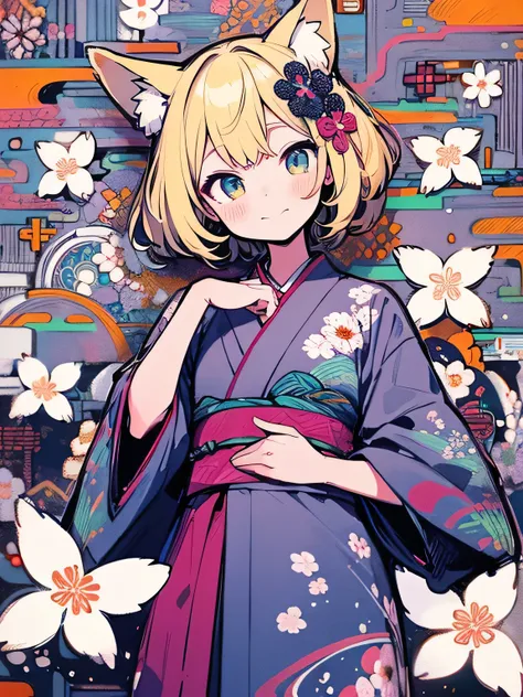 dutch angle,(looking at viewer),solo,(bluntbangs:1.2),cute face,blonde short hair,fox ear,(black purple color japanese flower design kimono),(ランダムなidol model pose),dainty,elegant,flowers,birds,wind and moon,(kaleidoscope),(manga style),(sketch),(illustrati...