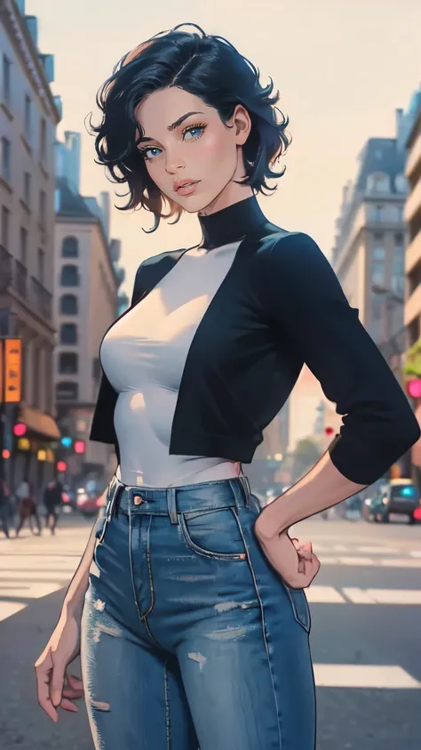 LadyBug, Paris, pretty face, Marinette Dupin-Cheng, short black pixie hair, blue womens jacket, white turtleneck tank top, jeans, white ballet flats, medium-sized breasts, slender body, , model shots, Paris at night, bright lights, neon