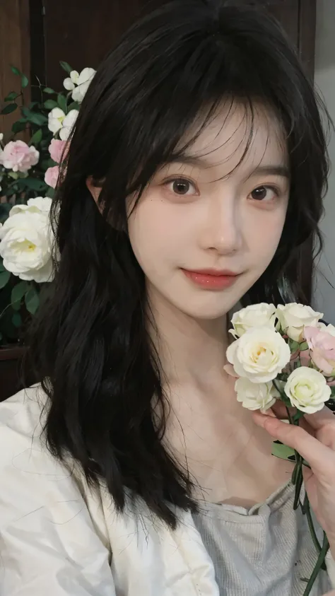 Close-up of a woman with flowers in her hair，guweiz，guweiz style artwork，Anime shoujo in real life，Stunning anime face portrait，卡哇伊Realism肖像，Popular Korean makeup，Realism年轻动少女，Pale milky porcelain skin，Beautiful Korean woman，Realism。Cheng Yi，