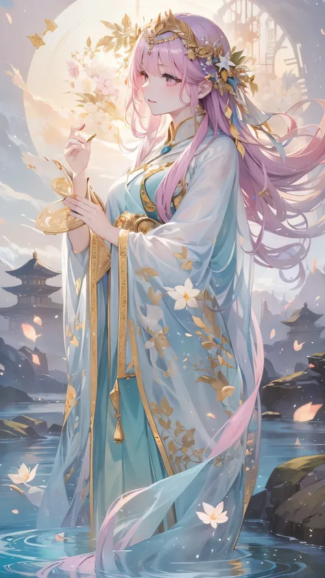 ((Best Quality)),(Ultra-high resolution),(Super detailed),(Detailed Description),((The best CG)),(masterpiece),Highly detailed art,(Art with precise detail:1.5), (One Woman:1.4),Rosy Hair, grace, Supple, Gentle Breeze, Transparent Silk, Calm water surface,...