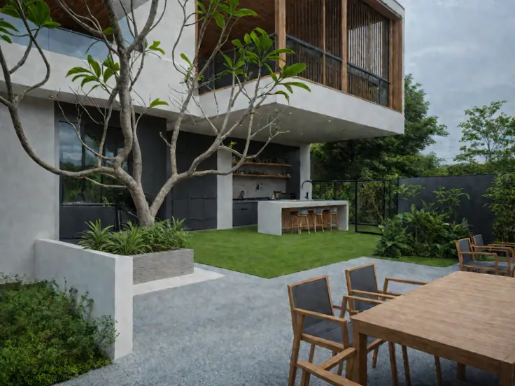 (RAW photo, masterpiece, best quality,ultra-detailed, extremely delicate and beautiful, highresolution, best shadow:1.1),modern house, the house has kitchen, kitchen island, gardencapes, (overcast:1.2), early morning, tree and plant around, joyful vibe, wo...