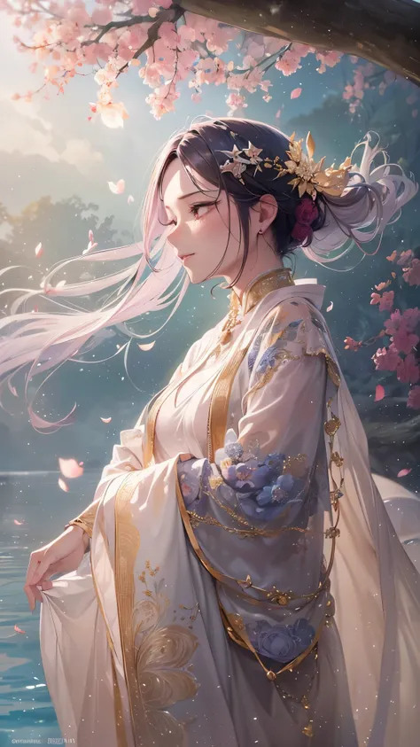 ((Best Quality)),(Ultra-high resolution),(Super detailed),(Detailed Description),((The best CG)),(masterpiece),Highly detailed art,(Art with precise detail:1.5), (One Woman:1.4),Rosy Hair, grace, Supple, Gentle Breeze, Transparent Silk, Calm water surface,...