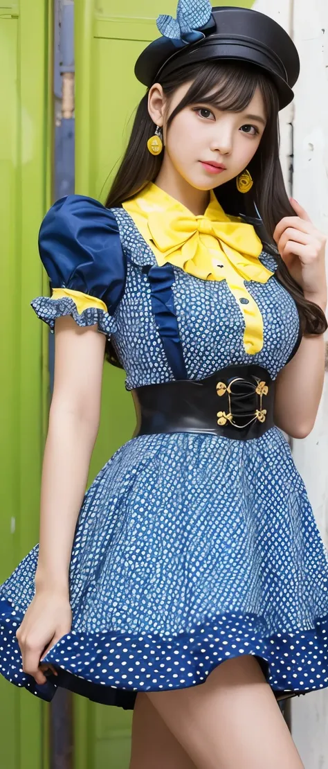 Gorgeous idol girl、whole body、Good style、、、、、、、、、、Thick legs、Fairytale Polka Dot Dress（Fluorescent blue and yellow）、steampunk shirt、A pure girl&#39;s face、、、、、、Glowing balloon、、Candy Town at night