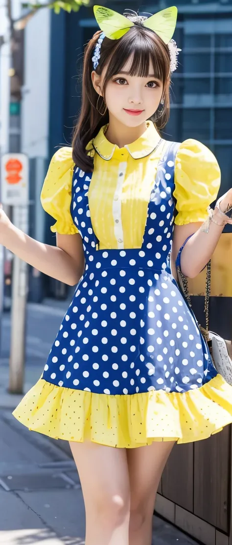 Gorgeous idol girl、whole body、Good style、、、、、、、、、、Thick legs、Fairytale Polka Dot Dress（Fluorescent blue and yellow）、Butterfly Punk Shirt、A pure girl&#39;s face、、、、、、Glowing balloon、、Candy Town at night