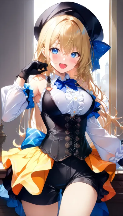 1girl, solo, breasts, looking at viewer, blush, smile, open mouth, blue eyes, blonde hair, long sleeves, hair between eyes, bare shoulders, white shirt, :d, detached sleeves, sleeveless, black gloves, collared shirt, fang, hand up, two side up, black headw...